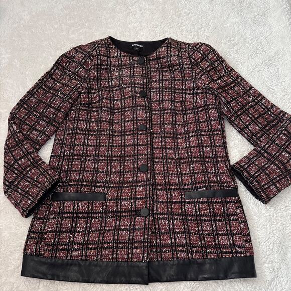 Express Jackets & Blazers - Express Womens Tweed Purple Plaid Blazer Preppy Business Career Work Wear Sz M